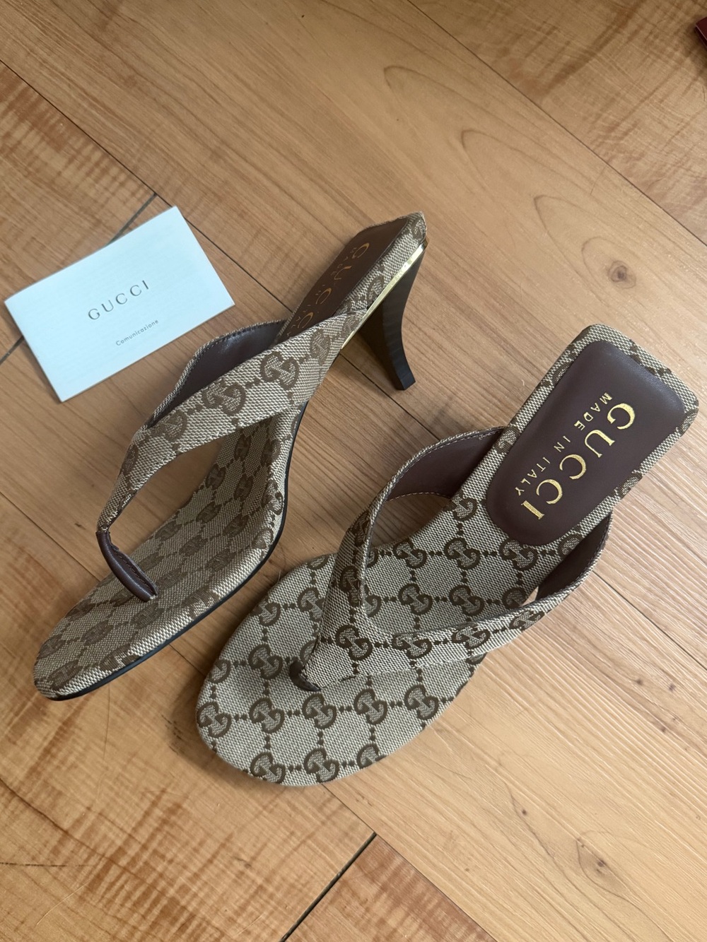 Gucci Women's Beige GG Canvas Thong Heels